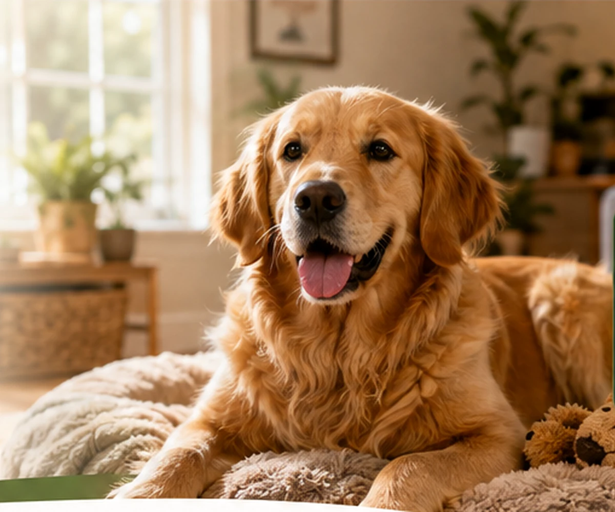 Golden retriever relaxing in a warm home setting